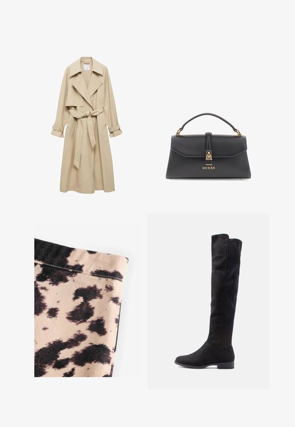 Bež trench plašč s dvojnim zapenjanjem, velikimi ovratniki, pasom na pasu in zvitimi rokavi. Narejen iz mehkega, gladkega blaga.; Črn pulover s turtleneck ovratnikom, izdelan iz lahkega pletenega materiala. Ima dolge rokave, oblikovan kroj in mehak rebrast teksturiran izgled.; Bežna tkanina z vzorcem črne krave, z rebrasto teksturo in preprostimi šivi. Brez vidne opreme ali dodatkov.; Črne semiš škornje do kolen z gladko teksturo, zaobljenim nosom in nizkim blokastim peto; minimalistična zasnova brez vidnih kovinskih delov.; Črna torbica iz umetnega usnja z strukturirano obliko, zlatim okovjem, zgornjim ročajem in sprednjim sponko, ki nosi logotip "GUESS".