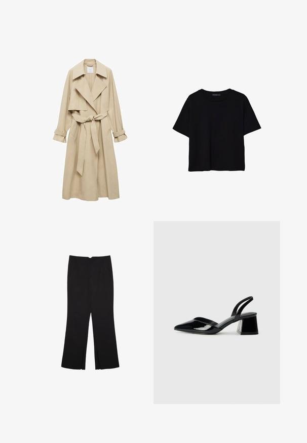 Bež trench plašč s dvojnim zapenjanjem, velikimi ovratniki, pasom na pasu in zvitimi rokavi. Narejen iz mehkega, gladkega blaga.; Črna kratkotrajna majica brez rokavov iz bombaža. Ima okroglo ovratnico in sproščen kroj z gladko, enostavno teksturo. Brez vidnih vzorcev ali dodatkov.; Črne hlače ravnega kroja z naglavnimi žepi in stranskimi razporki na robu. Narejene iz mehke, gladke tkanine. Primerne za različne priložnosti.; Črne lakirane slingback pete s koničastim nosom in geometrijsko blokasto peto. Imajo eleganten, minimalističen dizajn in gladko teksturo.