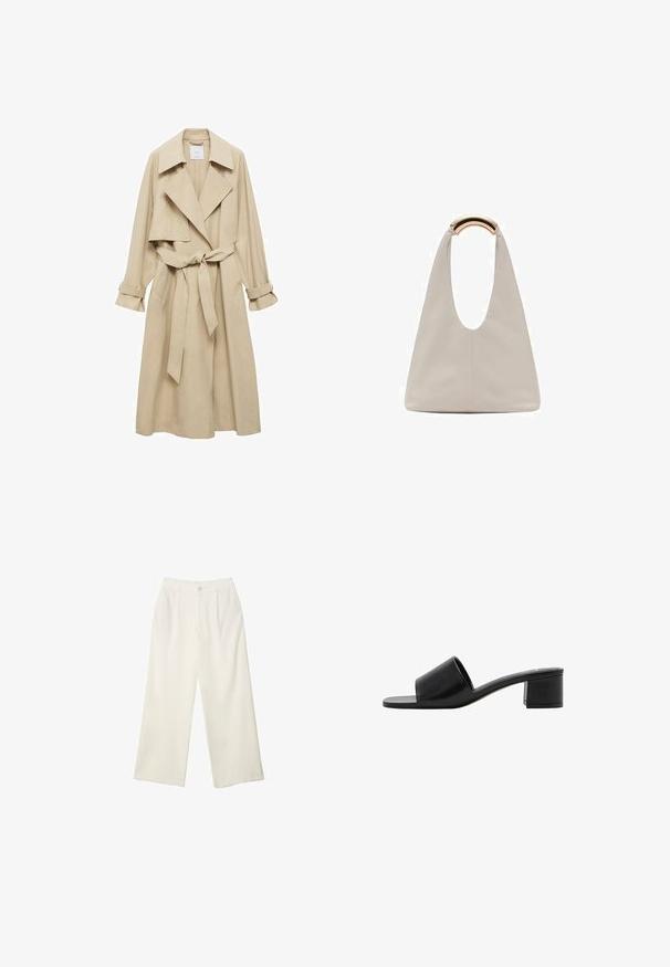 Béžový trenčkot s dvojitým zapínaním, veľkými klopami, opaskom v páse a vyhrnutými rukávmi. Vyrobený z mäkkej, hladkej tkaniny.; Biele tričko s krátkym rukávom a okrúhlym výstrihom, vyrobené z mäkkého bavlneného materiálu, s jednoduchým a čistým dizajnom bez viditeľných vzorov alebo doplnkov.; Široké nohavice z krémovej látky s hladkou textúrou, s jedným predným gombíkom, jemnými skladmi a vysokým pásom.; Čierne kožené sandále s otvorenou špičkou, širokým pásikom a pevným blokovým podpätkom. Majú hladký povrch a minimálny dizajn.; Svetlosivá kožená taška s U-tvarom a zakrivenou kovovou rukoväťou. Hladký povrch s minimálnym prešívaním a bez viditeľných vzorov.