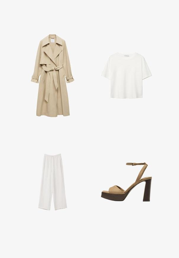 Beige trench coat, jossa on kaksinkertainen nappilukko, suuret kaulukset, vyö vyötäröllä ja käännetyt hihat. Valmistettu pehmeästä ja sileästä kankaasta.; Valkoinen lyhythihainen T-paita, joka on tehty puuvillasta. Siinä on pyöreä kaula-aukko ja rento malli. Silkkinen pinta ilman näkyviä kuvioita tai koristeita.; Valkoiset leveälahkeiset housut kevyestä kankaasta. Ominaisuuksiin kuuluu elastinen vyötärö, jossa on nauhakuuluma ja sivutaskut. Sileä rakenne.; Beige-nahkareunaiset korkokengät, joissa on leveä etuolka ja ankle strap, varustettu paksulla puukengän korolla, jossa on tekstuuripinta.