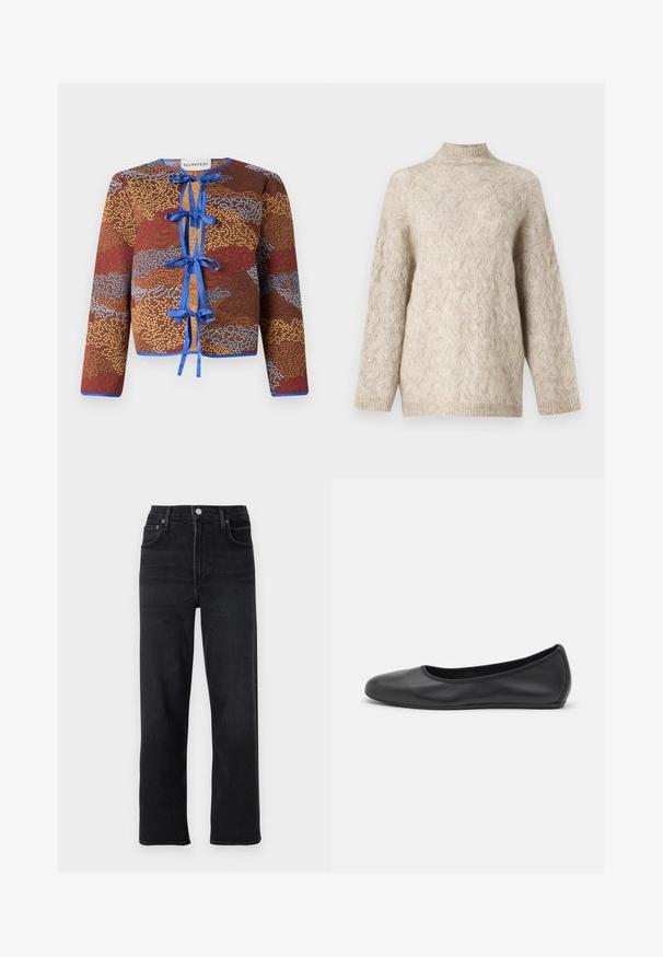 Brūns rakstains žakets ar garām piedurknēm, ar zilu lentu saitēm, kontrastējošām malām un teksturētu virsmu ar sarkaniem un ziliem akcentiem.; Bežs adīts džemperis ar augstu kaklu, ar teksturētu kablu rakstu un vaļīgām piedurknēm. Izgatavots no mīkstas, pūkainas dzijas.; Melnās taisnās kājas džinsi, izgatavoti no denima. Iespējas piecas kabatas, pogu un rāvējslēdzēja aizdare, kā arī smalki izšuvumi.; Melna ādas baleta kurpe ar noapaļotu purngalu, gludu tekstūru, minimālu šuvju detalizāciju un elastīgu zoles dizainu.