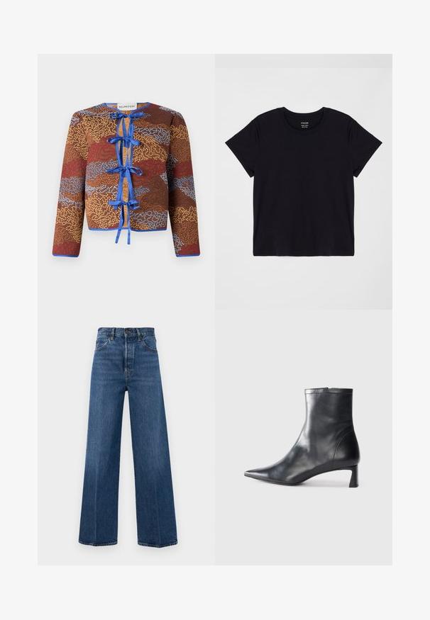 Rudas raštuotas švarkas su ilgomis rankovėmis, su mėlynais kaspinėliais, kontrastingais kraštais ir tekstūrine paviršiaus danga su raudonais ir mėlynais akcentais.; Juodas trumpas rankovės marškinėliai pagaminti iš minkštos medvilnės. Klasikinis apvalus kaklo dizainas su paprasta, nepuošta paviršiumi ir laisvalaikio siluetu.; Plačios blauzdos mėlynos džinsinės kelnes, pagamintos iš džinsinio audinio, su aukštu liemeniu, priekinėmis kišenėmis ir kontrastinga siuvimo siūle. Audinys turi glotnią tekstūrą.; Juodas odinis kulkšninis batas su smailiu pirštu ir elegantišku dizainu. Turi žemą kulną ir užtrauktuką gale. Lygi tekstūra.