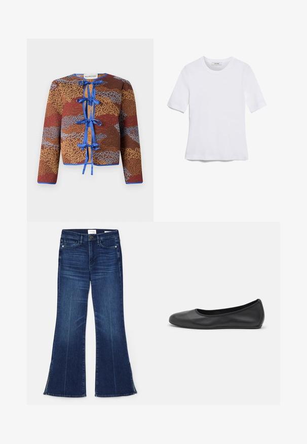 Braun gemusterte Jacke mit langen Ärmeln, die mit blauen Bandbändern, kontrastierenden Kanten und einer strukturierten Oberfläche mit roten und blauen Akzenten ausgestattet ist.; Weißes kurzärmliges T-Shirt aus geripptem Stoff. Runder Halsausschnitt, normale Passform und dezente Nähte. Keine Muster oder Grafiken.; Dunkelblaue, ausgestellte Jeans aus Denim. Mit hoher Taille, vorderen Taschen und Schlitzen am Saum. Klassisches Fünf-Taschen-Design.; Schwarze Leder-Ballettschuhe mit abgerundeter Spitze, glatter Textur, minimalen Nähdetails und einem flexiblen Sohlen-Design.