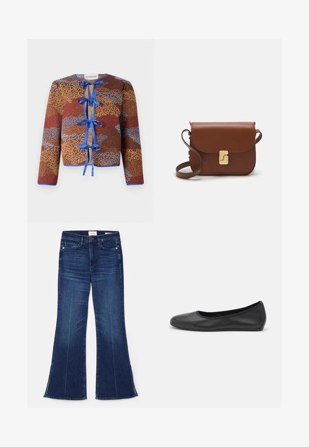 Hnědá vzorovaná bunda s dlouhými rukávy, která má modré stuhy na zavazování, kontrastní okraje a texturovaný povrch s červenými a modrými akcenty.; Bílá tričko s krátkým rukávem vyrobené z žebrované tkaniny. Kulatý výstřih, normální střih a jemné detaily šití. Bez vzorů nebo grafik.; Tmavě modré zvonové džíny vyrobené z denimu. Mají vysoký pas, přední kapsy a rozparky na lemu. Klasický design s pěti kapsami.; Černé kožené baletní byty s kulatou špičkou, hladkou texturou, minimálními švy a flexibilním designem podrážky.; Hnědá kožená kabelka s klopou, zlatými kovovými detaily, ramenním popruhem a hladkým povrchem. Kompaktní obdélníkový tvar.