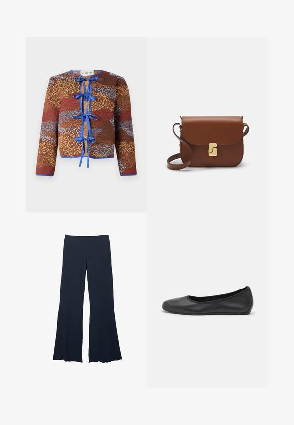 Rjav vzorčast jopič z dolgimi rokavi, ki ima modre trakove, kontrastne robove in teksturirano površino z rdečimi in modrimi akcenti.; Bela kratka majica s kratkimi rokavi iz rebrastega materiala. Okrogla ovratnica, običajen kroj in subtilni šivi. Brez vzorcev ali grafik.; Temno modri široki hlače iz teksturirane tkanine z visokim pasom in razširjenim robom, ki se ponašajo z gladkim, tekočim silhueto.; Črne usnjene balerinke z zaobljenim nosom, gladko teksturo, minimalnimi šivi in fleksibilno zasnovo podplata.; Rjava usnjena torbica s poklopcem, zlato obarvani okovi, naramnica in gladka tekstura. Kompaktna pravokotna oblika.
