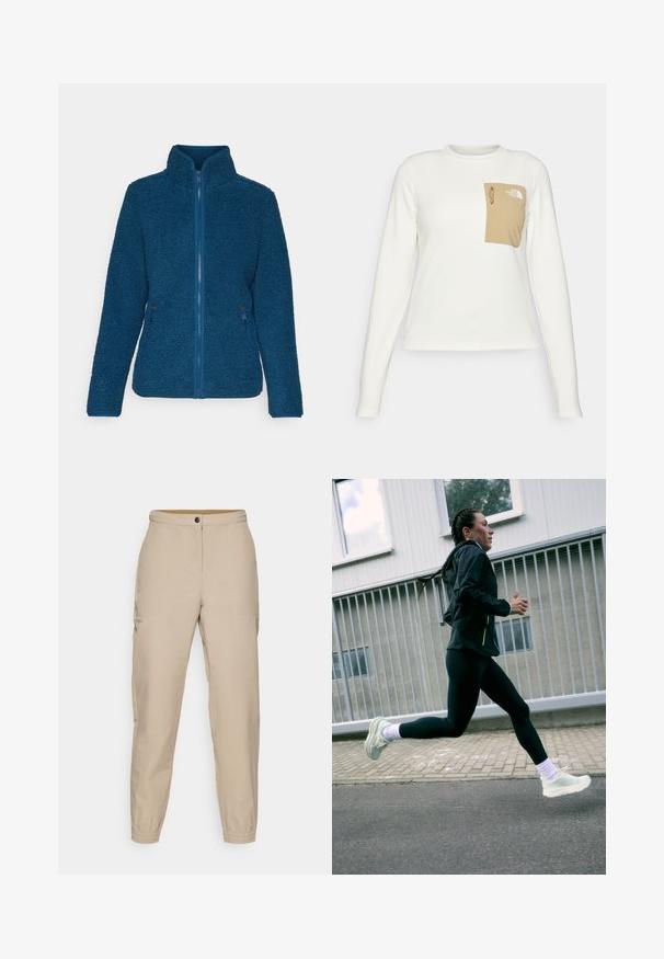Jack Wolfskin HIGH CURL - Fleecejacke - teal; Weißes Langarmhemd aus strukturiertem Stoff mit einer beigen aufgesetzten Tasche, die einen Kordelzug und ein Logo trägt.; Beige, schmal zulaufende Hosen mit flacher Vorderseite, seitlichen Taschen, elastischen Bündchen und einem Knopfverschluss. Hergestellt aus glattem Stoff mit leichtem Glanz.; Laufschuhe in hellgrün mit strukturiertem Sohlen, kombiniert mit schwarzen Leggings und einer schwarzen Jacke. Der Läufer befindet sich in der Mittelposition eines Schrittes auf einer asphaltierten Fläche.