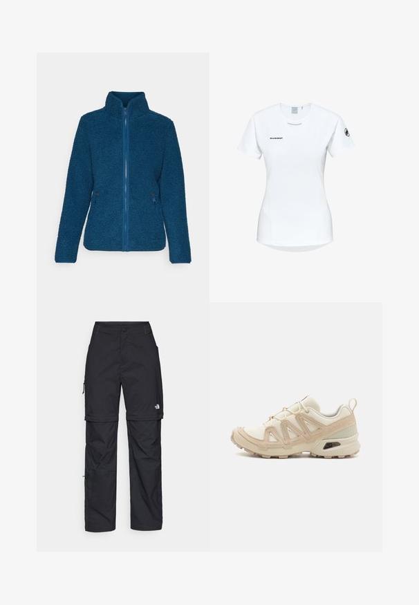 Jack Wolfskin HIGH CURL - Fleecejas - teal; Korte mouwen witte sportshirt met een ronde halslijn, voorzien van een logo op de borst en een gladde, lichte stoftextuur.; Zwarte nylon cargo broek met afneembare pijpen, verstelbare manchetten, meerdere zakken en een logo op het rechterbeen. Gladde, lichte textuur.; Beige en crème sportschoen met een textuur-mesh bovenwerk, ondersteunende overlays en een rubberen zool met een profielpatroon voor grip.