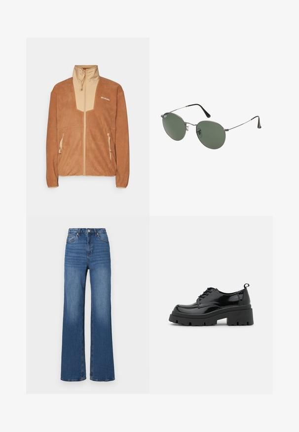 Brūna vilnas jaka ar beigu priekšējo paneli un augstu apkakli, ar divām rāvēs mēlēm sānos un logo uz kreisā krūšu rajona.; Tumši zilas džinsu krekls ar apkakli, garām piedurknēm, dubultām krūšu kabatām un kontrastējošiem šuvēm.; Augstas jostas, platu kāju zila džinsa bikses, ar klasisku piecu kabatu dizainu un vieglu izbalēšanu gar kājām.; Melnas lakotas ādas kurpes ar masīvu platformas zoli un biezām šņorēm. Apaļa purngala forma, minimālas detaļas un neliela papēža cilpa aizmugurē.; Metāla rāmji saulesbrillēm ar ovālām zaļām lēcām. Tievs sudraba metal rāmji un melni ausu spilventiņi. Minimalistiska dizaina, bez redzamām apzīmējumiem.