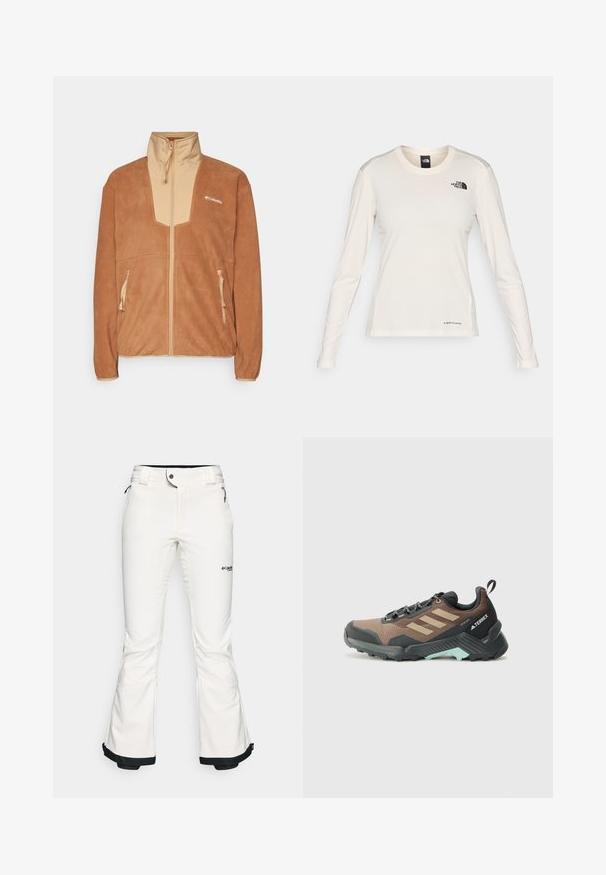 Chaqueta de forro polar marrón con un panel frontal beige y cuello alto, que cuenta con dos bolsillos laterales con cremallera y un logo en el lado izquierdo del pecho.; The North Face SHADOW LONG SLEEVE - Camiseta de manga larga - white dune; Pantalones de esquí blancos hechos de un material suave y flexible. Presentan una cintura ajustada, piernas anchas y acampanadas, y un ribete negro en los puños. Logo de la marca visible.; Zapatilla de deporte exterior en marrón y negro, con materiales de malla y goma, que presenta tres franjas, una suela texturizada y un acento en aqua en el talón.