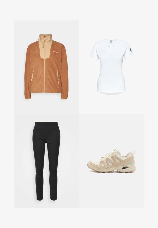 Giacca in pile marrone con un pannello frontale beige e colletto alto, dotata di due tasche laterali con zip e un logo sul lato sinistro del petto.; Maglietta atletica bianca a maniche corte con colletto rotondo, dotata di un logo sul petto e una texture di tessuto liscia e leggera.; Leggings sportivi neri con una vita alta, texture liscia, dettaglio del logo e pannelli laterali per un maggiore interesse visivo.; Scarpa atletica beige e crema con tomaia in mesh testurizzato, sovrapposizioni supportive e suola in gomma con un motivo a tasselli per la trazione.