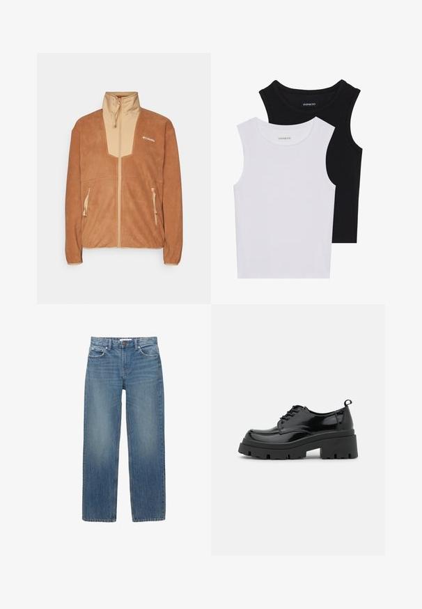 Brązowa kurtka polarowa z beżowym przednim panelem i wysokim kołnierzem, z dwoma zamykanymi na zamek kieszeniami po bokach oraz logo na lewej piersi.; Dwie bezrękawniki w kolorze czarnym i białym, wykonane z prążkowanej bawełny, z okrągłymi dekoltami i dopasowanym fasonem. Widoczne etykiety na obu.; Jasnoniebieskie dżinsy z prostym krojem, pięcioma kieszeniami i miedzianymi detalami. Materiał ma delikatne przetarcia i gładką fakturę.; Czarne lakierowane buty na platformie z grubą podeszwą i grubymi sznurówkami. Okrągły przód, minimalne zdobienia oraz mały uchwyt z tyłu.