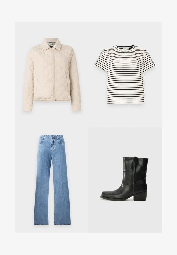 WEEKEND MaxMara VADIER - Light jacket - beige; Cotton short-sleeve T-shirt with a crew neckline, featuring black vertical stripes on a white background and a straight cut design.; Light blue denim jeans with a wide-leg design, five pockets, belt loops, and a button closure. The fabric has a smooth texture.; Black leather ankle boot with a rounded toe, block heel, side zipper, and stitching accents on the vamp. Smooth texture, classic design.