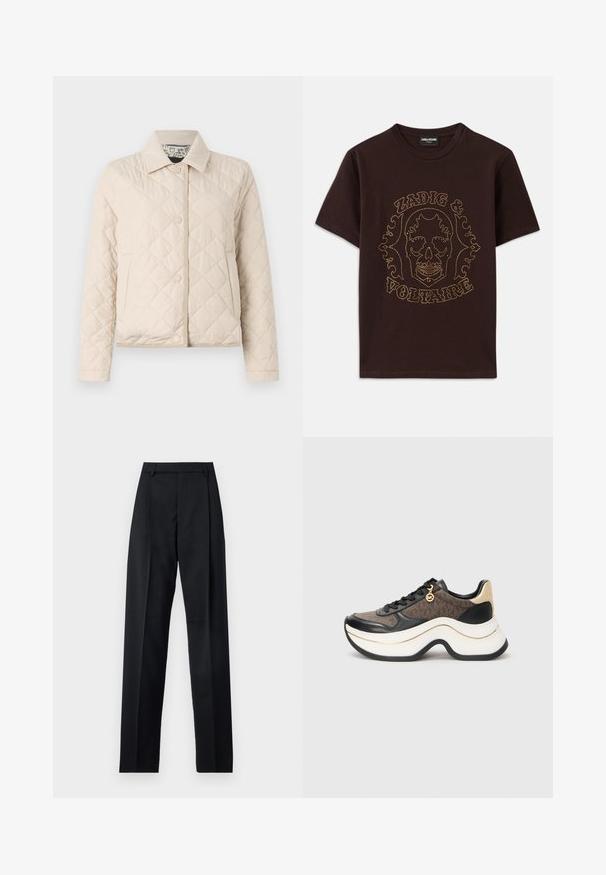 WEEKEND MaxMara VADIER - Lagana jakna - beige; Crna majica od pamuka, s grafikom lubanje obrubljenom zlatnim zakovicama, uz tekst "Zadig & Voltaire", kratki rukavi i okrugli izrez.; Crne hlače od glatkog materijala s visokim strukom, širokim nogavicama, prednjim pregibima i klasičnim petljama za remen. Nema vidljivih bočnih džepova.; Debeli tenisice s smešanim uzorak tkanine u smešnim tonovima, crnim kožnim akcentima, zlatnim detaljima i naglašenim belim đonom s crnim obrubom.