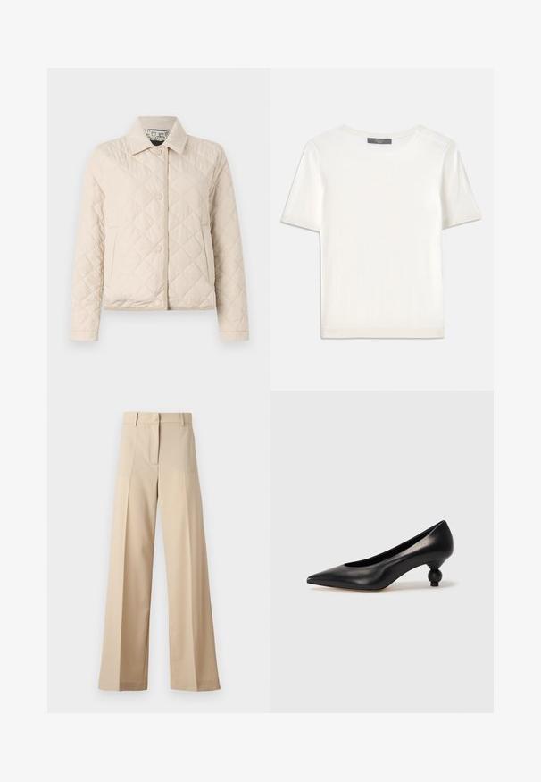 WEEKEND MaxMara VADIER - Jachetă subțire - beige; Top tricotat alb cu mânecă scurtă, cu decolteu rotund, având o textură netedă și accente subtile cu nervuri la mâneci și la margine.; Pantaloni bej cu picioare largi, confecționați dintr-un material neted, cu un front plat și plisse, fermoar la șold și curea. Croi adaptat pe tot corpul.; Pantofii cu toc înalt din piele neagră, cu vârf ascuțit și toc rotund, mimos. Textură netedă, cu un design elegant și minimalist.