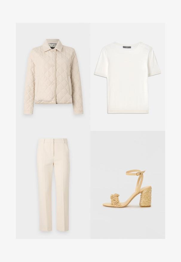 Weekend Max Mara VADIER - Light jacket - beige; White short-sleeve knit top with a round neckline, featuring a smooth texture and subtle ribbed accents at sleeves and hem.; Beige tailored trousers with a straight-leg design, two front pleats, and a flat waistband. Made from a smooth fabric. No visible pockets.; Beige high-heeled sandal with a braided texture, featuring a decorative flower and ankle strap. Square-shaped heel adds stability.