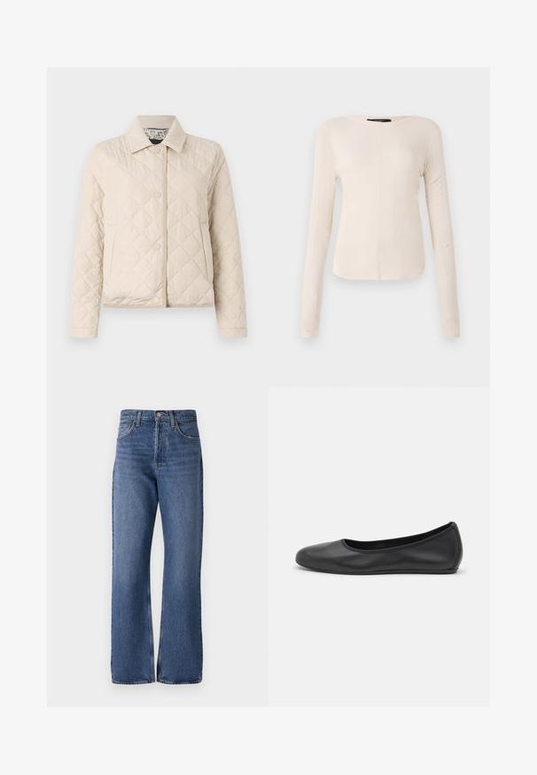 WEEKEND MaxMara VADIER - Giacca da mezza stagione - beige; Maglietta a maniche lunghe di colore beige chiaro con scollatura rotonda. Realizzata in tessuto morbido, presenta una cucitura centrale e un orlo leggermente curvato. Senza hardware visibile.; Jeans in denim blu con vita alta, silhouette a gamba larga, design classico a cinque tasche e una leggera sbiaditura su tutto il tessuto.; Pantofole da balletto nere in pelle con punta arrotondata, texture liscia, dettagli di cucitura minimi e design con suola flessibile.