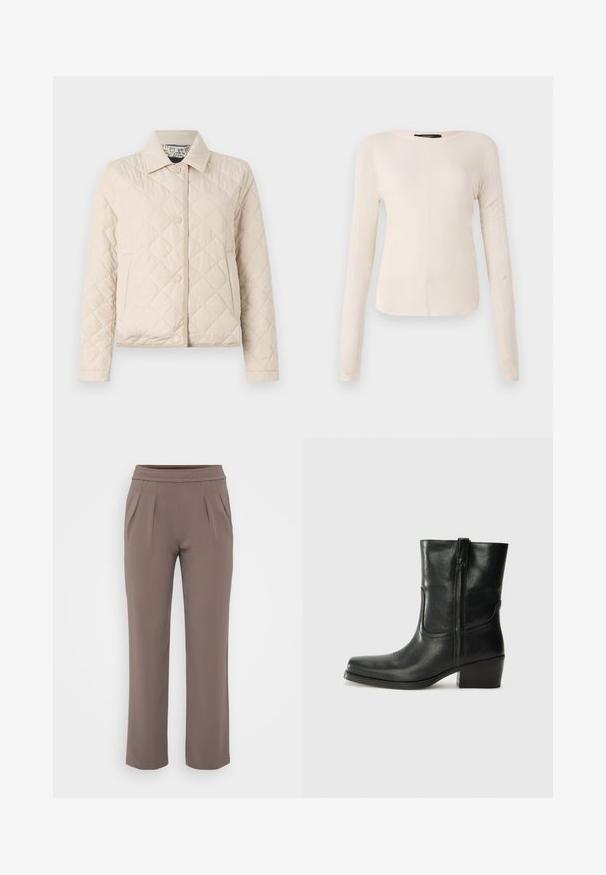 WEEKEND MaxMara VADIER - Lengva striukė - beige; Ilgesnių rankovių, šviesiai bežinis viršus su apvaliu iškirpimu. Pagamintas iš minkštos medžiagos, turi centrinę siūlę ir šiek tiek kreivą apatinių kraštų liniją. Matomų detalių nėra.; Smėlinės laisvo kirpimo kelnės su elastinga juosmens juostele ir priekine klostele, pagamintos iš lygaus audinio.; Juodi odiniai aulinukai iki kulkšnies su apvali nosimi, blokuotais kulnais, šonine užtrauktuku ir siuvimo akcentais ant viršutinės dalies. Lygi tekstūra, klasikinis dizainas.