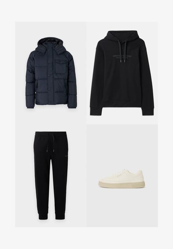 Navy blue puffer jacket with a hood, featuring a zippered pocket, button closure, and ribbed cuffs. Made from a glossy, textured fabric.; Black hoodie made of soft fabric, featuring a drawstring hood and ribbed cuffs. Embroidered logo in dark tones on the front.; Black jogger pants made of cotton blend, featuring an elastic waistband with drawstring, cuffed ankles, and a subtle logo print on the side.; White canvas sneakers with a textured rubber sole, featuring a stitched toe cap and logo accent on the heel. Simple lace-up design.