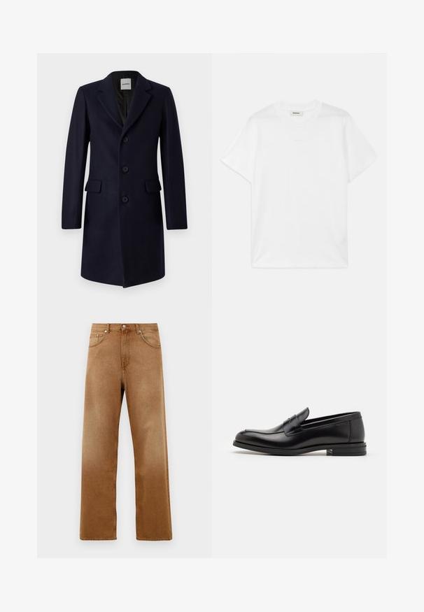 Cappotto in misto lana navy con design strutturato, rever a punta, tre bottoni e due tasche anteriori. Texture liscia e vestibilità su misura.; T-shirt bianco in cotone con collo rotondo, maniche corte e un logo discreto stampato sul davanti. Texture liscia e design semplice.; Jeans in denim marrone a gamba larga con vita alta, dotati di due tasche anteriori, chiusura con bottone e una sottile texture. Nessun motivo o dettaglio visibile.; Mocassini neri in pelle con una texture liscia, punta arrotondata e una striscia decorativa sulla tomaia. Tacco basso impilato, design minimalista.