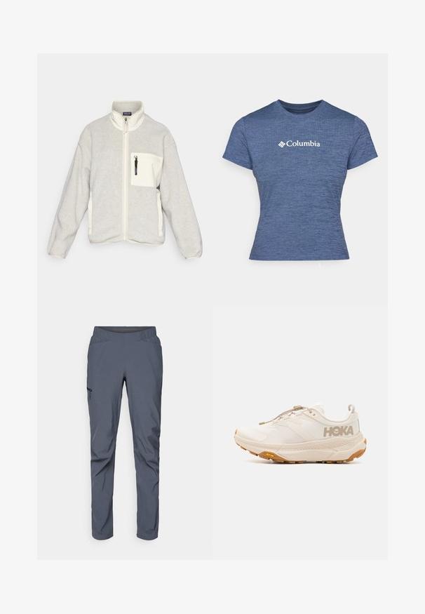 Patagonia SYNCH - Flísová bunda - oatmeal heather/natural; Modrá tričko s krátkym rukávom vyrobené z textúrovanej látky, s bielym logom Columbia na hrudi, okrúhlym výstrihom a priliehavým strihom.; Sivé výkonové nohavice s elastickým pásom, dvoma prednými vreckami a bočným vreckom na zips. Hladká textúra a priliehavý strih.; HOKA TRANSPORT - Turistické topánky - eggnog