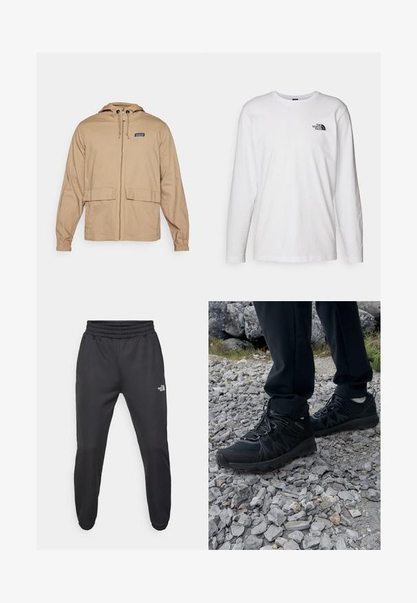 Beige, leichte Jacke mit Kapuze, einem frontalen Reißverschluss, zwei großen aufgesetzten Taschen und elastischen Bündchen. Hergestellt aus glattem Stoff.; Weißes langärmliges T-Shirt aus Baumwolle mit Rundhalsausschnitt. Verfügt über ein kleines schwarzes Logo auf der Brust. Glatte Textur, reguläre Passform.; Schwarze Jogginghose mit verstellbarem Bund, schlanker Passform, elastischen Bündchen und einem kleinen weißen Logo am linken Oberschenkel, hergestellt aus glattem Stoff.; Schwarze Outdoor-Schuhe aus Mesh und synthetischem Material, mit einer strukturierten Oberseite, gesichertem Schnürsystem und griffiger Laufsohle, auf felsigem Gelände.