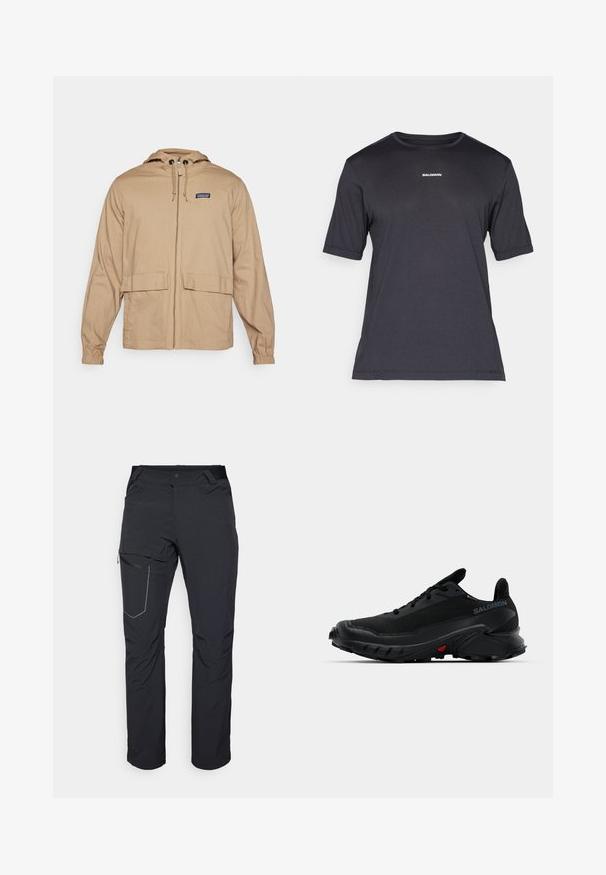 Khaki színű, könnyű dzseki kapucnival, elülső cipzárral, két nagy rakott zsebbel és rugalmas mandzsettákkal. Simaságú anyagból készült.; Fekete rövid ujjú teljesítmény póló lélegző anyagból, kerek nyakkivágással és apró fehér "SALOMON" logóval a mellen.; Fekete kültéri nadrág, cipzáras combzsebbel, rugalmas derékrésszel és sima, vízlepergető szövettel. Tiszta dizájn, látható logók nélkül.; Fekete sportcipők texturált felsőrésszel, lekerekített orral és kiemelkedő gumitalppal. Az oldalon logó található, a talp pedig vörös díszítéssel rendelkezik.