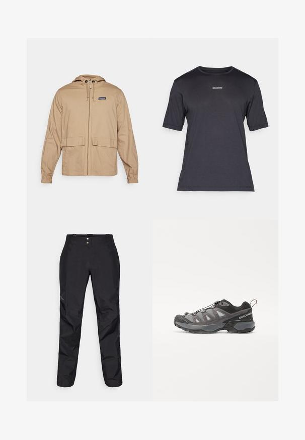 Beige, leichte Jacke mit Kapuze, einem frontalen Reißverschluss, zwei großen aufgesetzten Taschen und elastischen Bündchen. Hergestellt aus glattem Stoff.; Schwarzes Kurzarm-Performance-T-Shirt aus atmungsaktivem Material, mit einem runden Halsausschnitt und kleinem weißen "SALOMON"-Logo auf der Brust.; Schwarze wasserdichte Hose mit glatter Textur, ausgestattet mit zwei vorderen Knöpfen und schmal zulaufendem Bein-Design. Mit einem Logo an der Seite akzentuiert.; Sportliche Schuhe mit einem schlanken Design, grauem synthetischem Obermaterial mit Netzpaneelen, schwarzen Akzenten und einer Gummisohle mit ausgeprägtem Profil.