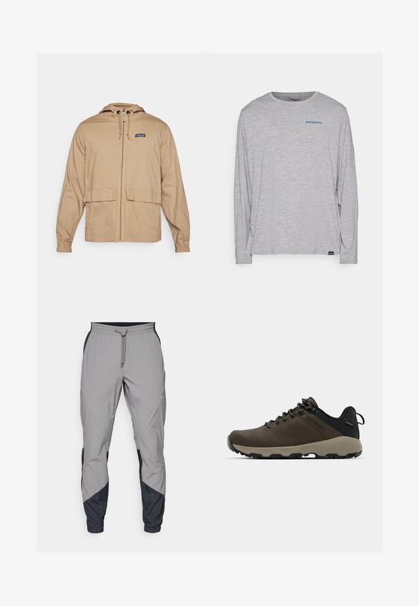 Khaki lichtgewicht jas met een capuchon, een frontale rits, twee grote opgestikte zakken en elastische manchetten. Gemaakt van een gladde stof.; Lichtgrijze longsleeve t-shirt van zacht, textuurstof. Heeft een ronde hals en een klein blauw Patagonia-logo op de borst.; Lichte, grijze sportbroek met zwarte accenten. Elastische tailleband, trekkoordsluiting, taps toelopend ontwerp en zijzakken.; Bruine waterdichte sneakers met een gestructureerde bovenkant, geperforeerde accenten, zwarte hielsteun en een grijze rubberen zool. De veters zijn voorzien van metalen uiteinden.
