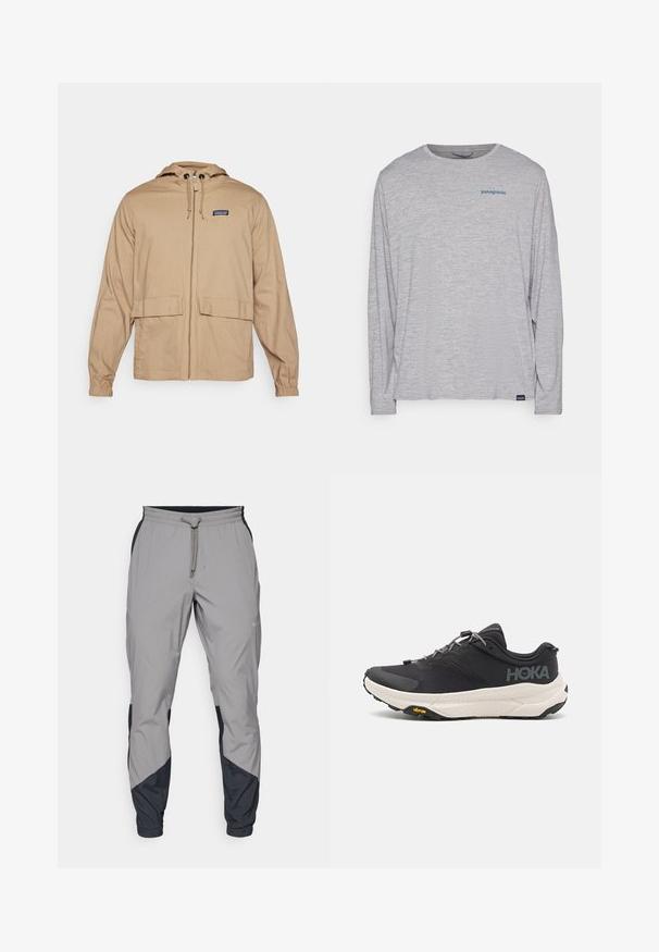 Casaco leve em caqui com capuz, fecho frontal em zíper, dois grandes bolsos de patch e punhos elásticos. Feito de tecido suave.; T-shirt de mangas longas cinza claro, feito de um tecido suave e texturizado. Apresenta um decote redondo e um pequeno logotipo azul da Patagonia no peito.; Calças de treino leves e cinzentas com detalhes pretos. Cintura elástica, fecho com cordão, design de perna afunilada e bolsos laterais.; Sapatilha atlética preta com parte superior texturizada, detalhes cinzentos, elementos refletivos e uma sola branca espessa com a marca Vibram.