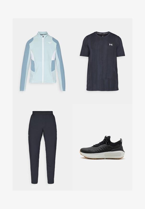Lichtblauwe sportjack met witte accenten, met een rits aan de voorkant, hoge kraag en lange mouwen. Bevat contrasterende donkerblauwe schouderpanelen.; Donkerblauwe t-shirt met korte mouwen, gemaakt van ademend materiaal, met een gestructureerd patroon en een wit Under Armour-logo op de borst.; Zwarte sportbroeken met een gladde textuur, slanke pasvorm, elastische tailleband en zijzakken. Bevat een klein logo op het linkerdij.; Zwarte sportieve schoen met een gestructureerde bovenkant, kousachtige kraag, grijze veters en een witte tussenzool met een patroon en een gumrubberen zool.