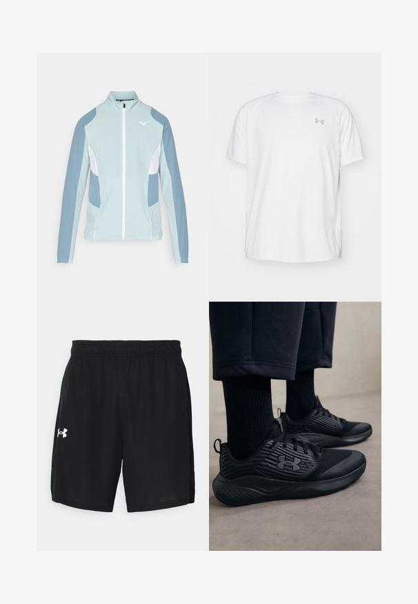 Lys blå atletisk jakke med hvide accenter, lynlås foran, høj krave og lange ærmer. Har kontrasterende mørkeblå skulderpaneler.; Hvid kortærmet sportsbluse lavet af glat stof. Har en rund halsudskæring og et gråt logo på venstre bryst, samt slidser i siderne ved kanten.; Sorte atletiske shorts lavet af letvægtsstof, med en elastisk talje og et hvidt logo på venstre side.; Person iført sorte atletiske sneakers med teksturerede sider og logo, parret med sorte sokker og cropped bukser på et lyst gulv.