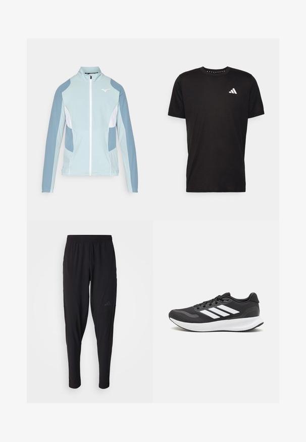 Jachetă sport de culoare albastră deschisă cu accente albe, cu fermoar frontal, guler înalt și mâneci lungi. Prezintă panouri contrastante de culoare albastră închisă la umeri.; Tricou negru din bumbac, cu mâneci scurte, de tip crew neckline, cu un logo alb pe pieptul stâng. Textură netedă și design simplu.; Pantaloni atletici negri cu o talie elastică, design conic, buzunare laterale și detalii subtile cu logo. Fabricat dintr-un material flexibil și respirabil.; Pantof cu aspect sport de culoare neagră, cu un upper din plasă respirabilă, accente albe și o talpă amortizată. Include logo-ul cu trei dungi pe lateral.