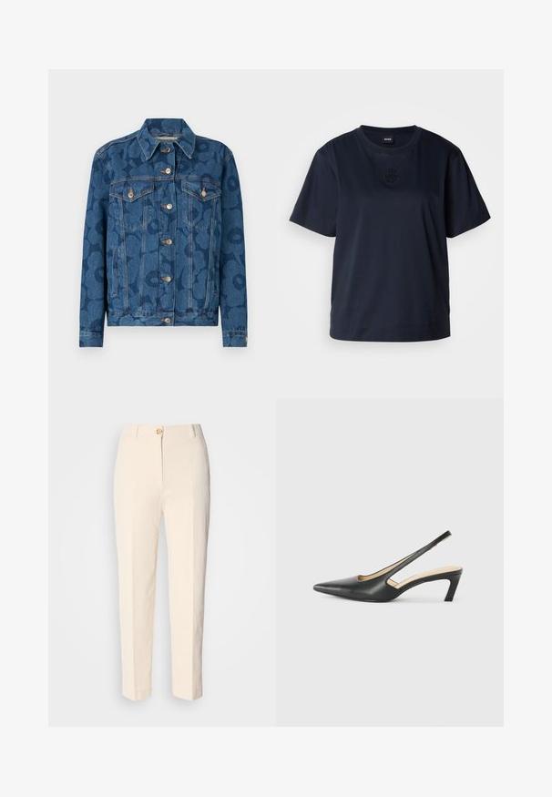 Denim jacket with a blue, patterned design, featuring a pointed collar, two chest pockets, and silver buttons. Regular fit and long sleeves.; Navy blue short-sleeve t-shirt made of soft cotton. Features a rounded neckline and a subtle embroidered logo on the chest.; Cream-colored, high-waisted trousers made of textured fabric. Features a front button closure and tapered legs.; Black pointy-toed slingback shoe with a low heel, featuring smooth leather material and cut-out design on the side for breathability.