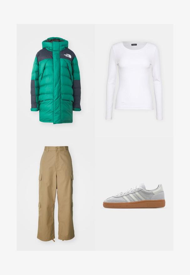 The North Face W LIMBARA INSULATED PARKA - Žieminis paltas - evergreen; Balta, raukšlėta ilgarankovė palaidinė su apvalia iškirpte. Pagaminta iš elastingos medžiagos, kuri prisitaiko prie kūno. Pasipuošusi subtiliomis horizontaliosiomis linijomis.; Šviesiai rudos spalvos cargo kelnės su aukštu liemeniu, plačiomis kojomis ir keturiomis didelėmis šoninėmis kišenėmis. Pagamintos iš patvarios medžiagos su lygiu paviršiumi ir minimaliais detalėmis.; Šviesiai pilki zomšiniai sportbačiai su baltais odiniais akcentais, trimis baltomis juostelėmis ir rudą guminę pada, turintys paminkštintą apykaklę patogumui.