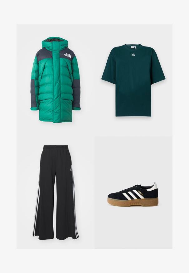 The North Face W LIMBARA INSULATED PARKA - Geacă - evergreen; Tricou supradimensionat verde închis din bumbac, cu mâneci scurte și decolteu rotund, având un logo Adidas alb pe piept.; Pantaloni de trening negri cu croială largă, prevăzuți cu un brâu elastic, având dungi laterale albe și un logo brodat pe coapsa stângă.; Pantof sport negru din piele întoarsă, cu trei dungi albe și siglă aurie. Talpă de gumă cu aderență texturată. Design clasic cu talpă joasă, vârf rotunjit.