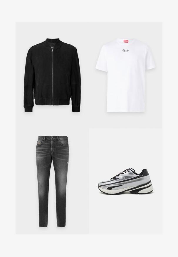 Jaqueta bomber em camurça preta com fecho éclair na frente, colarinho e punhos canelados, dois bolsos laterais e uma textura suave. Design simples e minimalista.; T-shirt de algodão branca com mangas curtas, apresentando um decote redondo e um patch do logo prateado da Diesel no peito. Design simples, de cor sólida.; Jeans de ganga cinza com um corte justo, apresentando ligeiros efeitos de desgaste, detalhes desgastados e um fecho tradicional de botão.; Sapatilhas de corrida com um upper em malha prateada, detalhes em preto e sola branca. Apresenta um design texturizado e atacadores pretos. Leves e acolchoadas.