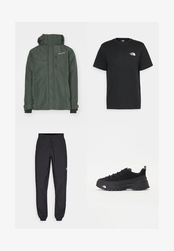 Veste imperméable verte avec un col haut, des poches zippées et des poignets réglables. Le matériau est lisse avec une finition mate.; T-shirt en coton noir à manches courtes, col rond, avec un petit logo blanc sur la poitrine gauche. Design simple, texture lisse et coupe décontractée.; Pantalon de sport noir en tissu léger, avec une taille à cordon, des poches latérales et des chevilles resserrées.; Baskets de plein air noires avec une tige en daim, semelle en caoutchouc texturé et un système de laçage robuste. Comprend un talon renforcé et un logo de la marque sur le côté.