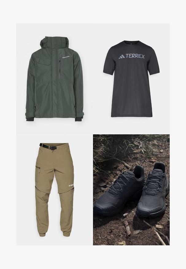 Grüne wasserdichte Jacke mit hohem Kragen, mit Reißverschlüssen versehenen Taschen und verstellbaren Manschetten. Das Material ist glatt mit matter Oberfläche.; Schwarzes T-Shirt mit kurzen Ärmeln aus leichtem Stoff, mit einem hellgrauen "TERREX"-Logo auf der Brust und einem Rundhalsausschnitt.; Khaki Outdoor-Hosen mit verstellbarem schwarzen Gürtel, Reißverschlusstaschen, schmal zulaufenden Bündchen und abnehmbaren unteren Beinen für vielseitige Stylingmöglichkeiten.; Schwarze Sportschuhe mit einem strukturierten Strickobermaterial, verstärkter Zehenkappe und gepolsterten Sohlen, die auf erdigem Boden mit verstreuten Zweigen präsentiert werden.