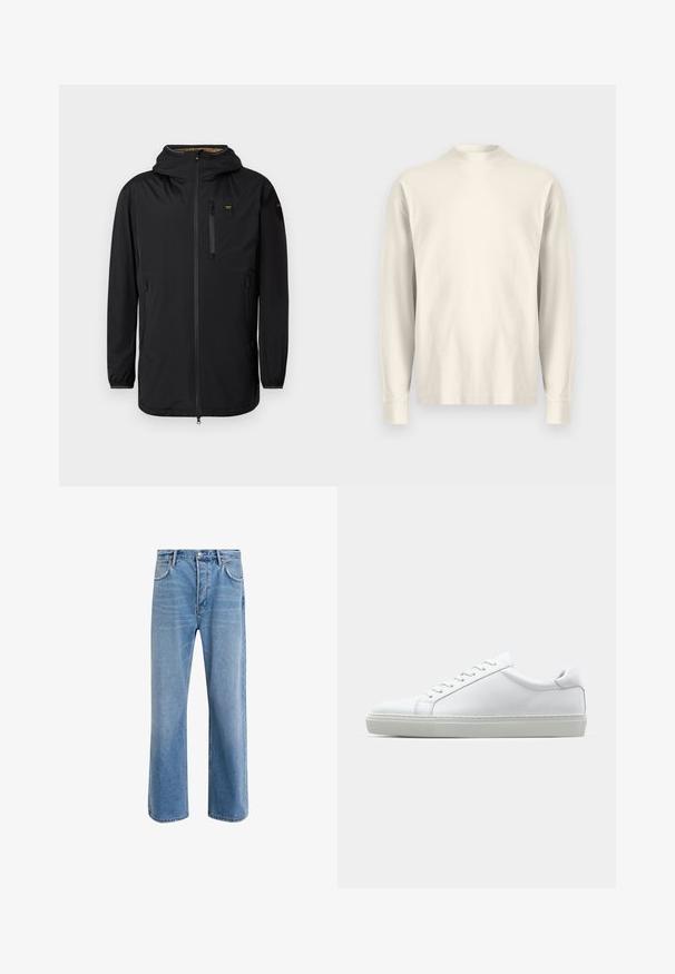 Μαύρο αδιάβροχο μπουφάν με κουκούλα, μπροστινό φερμουάρ, τσέπη στο στήθος και ελαστικούς μανσέτες. Λείο υφή, μινιμαλιστικός σχεδιασμός και χωρίς ορατά μοτίβα.; Μακρυμάνικη μπλούζα με μισό λαιμό σε ανοιχτό κρεμ βαμβάκι. Λείο υλικό, άνετη εφαρμογή, μινιμαλιστικός σχεδιασμός, χωρίς ορατά σχέδια ή διακοσμήσεις.; Ανοιχτό μπλε τζιν παντελόνι με ευθεία γραμμή, πέντε τσέπες, κλείσιμο με κουμπί, ελάχιστη φθορά και αντίθετες ραφές.; Λευκό αθλητικό παπούτσι με άνω μέρος από λείο δέρμα και χαμηλό προφίλ. Διαθέτει στρογγυλεμένη μύτη, έξι τρυπούλες και υφασμένη καουτσούκ σόλα.