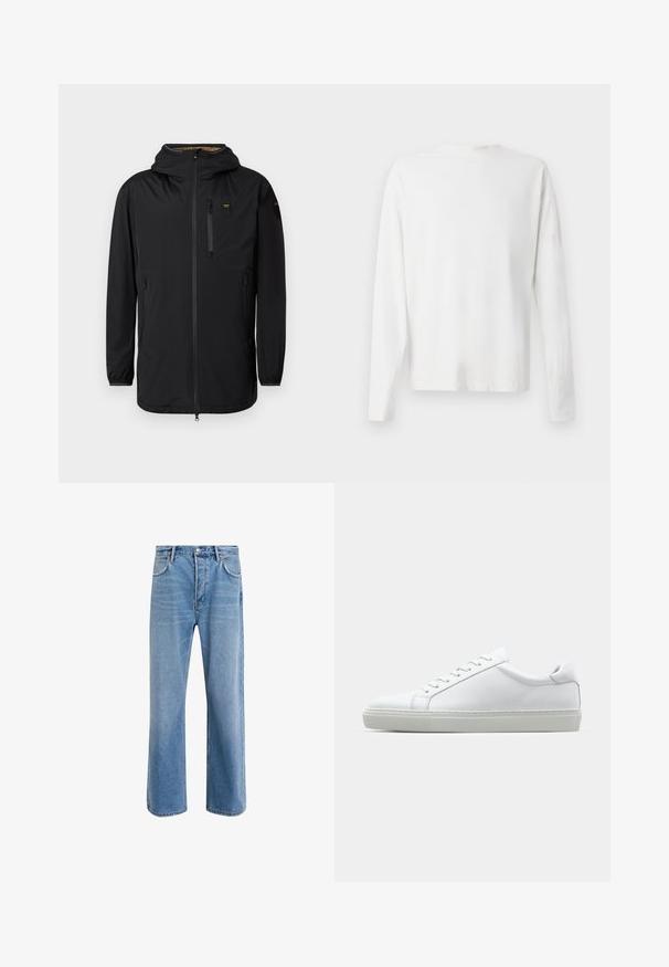 Black waterproof jacket with a hood, front zipper, chest pocket, and elastic cuffs. Smooth texture, minimalistic design, and no visible patterns.; Long-sleeved white cotton shirt with a round neckline, side slits at the bottom, and a smooth texture, displayed from the back.; Light blue denim jeans with a straight-leg design, five pockets, button closure, minimal fading, and contrasting stitching details.; White sneaker with a smooth leather upper and a low profile. Features a rounded toe, six eyelets, and a textured rubber sole.