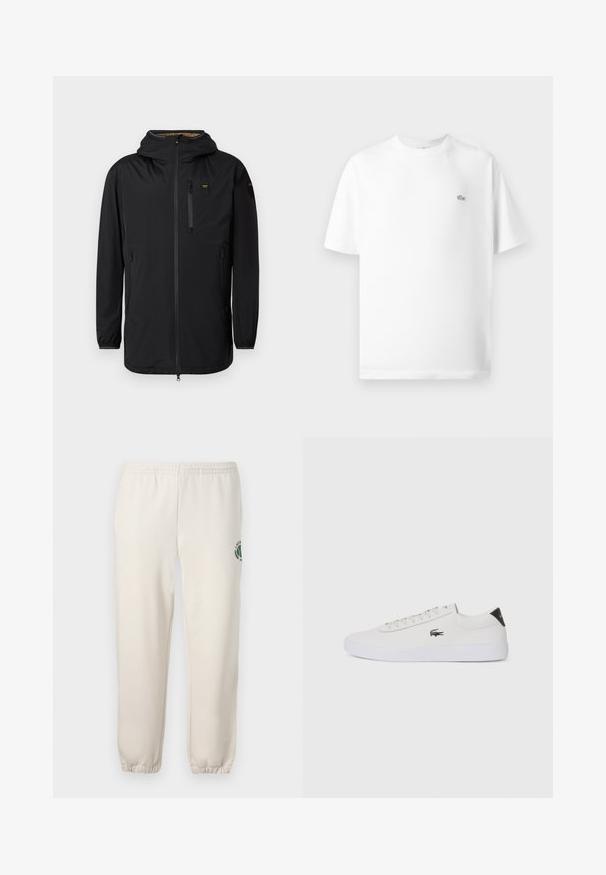 Musthave veekindel jope kapuutsiga, esikinnise, rinnatasku ja elastsete mansettidega. Sile tekstuur, minimalistlik disain ja nähtamatud mustrid.; Valge puuvillane T-särk ümmarguse kaeluse ja lühikeste varrukatega. Vasakul rinna küljes on väike must Lacoste'i logo.; Heledadbežased püksid, mis on valmistatud puuvillast, varustatud elastse vöökohtaga, soonikute lõpetustega ja vasakul jalal on roheline logo lehe kujundusega.; Valge nahast tenniseking ümara ninaga, lukkude ja musta kontsa aktsendiga. Külgedel on väike broderi krokodilli logo.