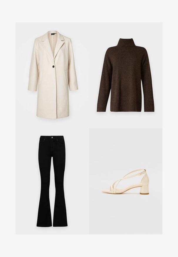 Palton din amestec de lână bej, cu un singur nasture negru, rever înclinat și buzunare laterale; lungime până la genunchi, croială lejeră, țesătură texturată.; Pulover tricotat maro cu un guler înalt și ribflat, mâneci largi și o textură moale. Prezentă o croială lejeră și accente riblate pe mâneci.; Jeans negri cu talie înaltă, cu închidere prin nasture și fermoar, buzunare frontale și picioare evazate, așezați pe un fundal alb.; Sandale cu toc bej, cu toc pătrat, design cu barete și curea la gleznă ajustabilă, realizate dintr-un material sintetic neted cu finisaj mat.