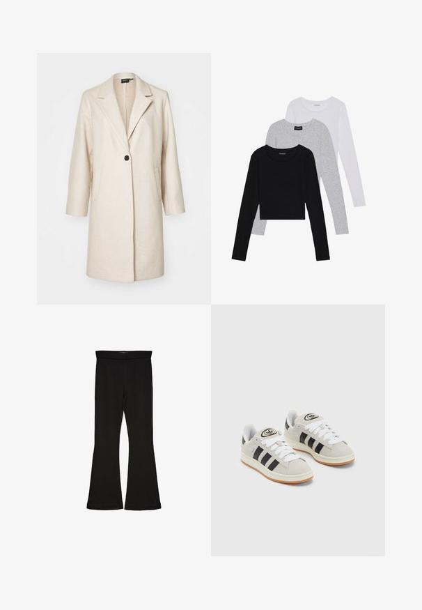Casaco de mistura de lã bege com um único botão preto, golas de lapela abertas e bolsos laterais; até aos joelhos, corte descontraído, tecido texturizado.; Três camisetas de manga longa empilhadas: preta, cinza e branca. Cada uma tem um decote redondo e um design cropped, feitas de um tecido leve e suave.; Leggings pretos em flare feitos de um tecido elástico. Apresentam uma cintura larga e uma textura suave, com um silhueta ajustada que se alarga na bainha.; Tênis de camurça cinza com atacadores brancos, riscas pretas e uma sola de borracha branca. Apresenta um logótipo circular na língua e uma sola de borracha.