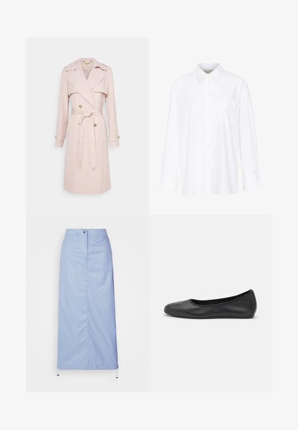 Helle rosa Trenchcoat aus weichem Stoff, mit doppelreihigem Verschluss, tailliertem Gürtel und goldfarbenen Knöpfen. Mit Schulterklappen.; Weißes Langarmhemd mit Kragen aus Baumwolle. Verfügt über eine durchgehende Knopfleiste und eine Brusttasche. Glatte Textur, lockere Passform.; Helleblaue Midilänge-Rock aus glattem, leichtem Material mit geradem Schnitt, verfügt über eine Knopfverschluss vorne und einen Kordelzugsaum.; Schwarze Leder-Ballettschuhe mit abgerundeter Spitze, glatter Textur, minimalen Nähdetails und einem flexiblen Sohlen-Design.