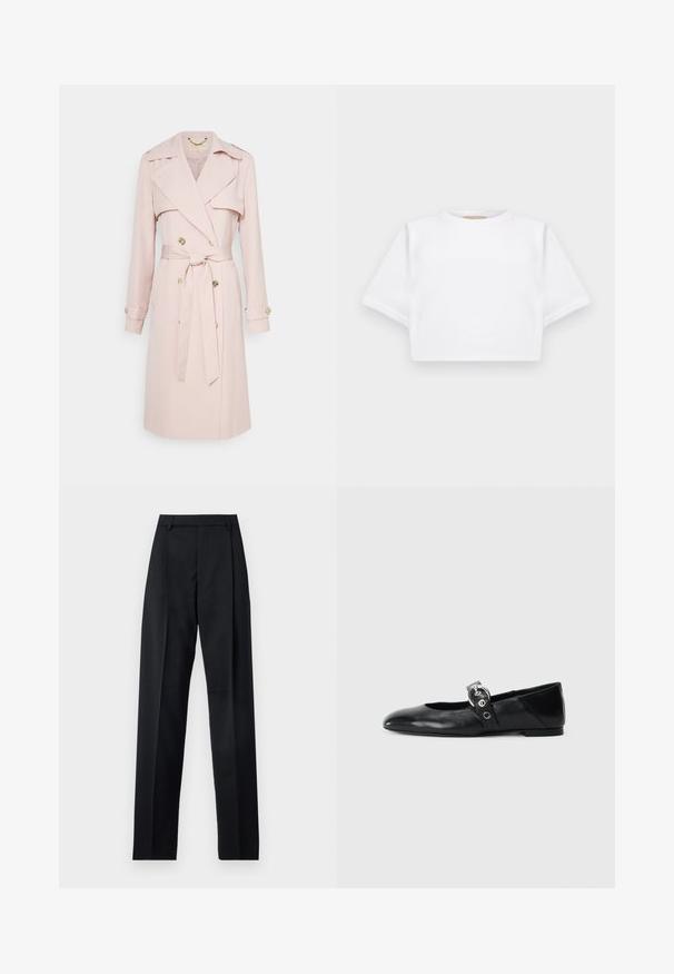 Lichtroze trenchcoat gemaakt van zacht materiaal, met een dubbelzijdige voorkant, ceintuur in de taille en gouden knopen. Inclusief schouderepauletten.; Gemiddelde witte T-shirt gemaakt van zachte stof, met korte mouwen, een ronde halslijn en geribbelde zoomdetails. Eenvoudig en ongecompliceerd ontwerp.; Zwarte broek gemaakt van gladde stof met een hoge taille, wijde benen, voorplooien en klassieke ceintuurlussen. Geen zijzakken zichtbaar.; Zwarte leren balletschoenen met een spitse neus, voorzien van een band met een ronde metalen gesp en een platte zool.