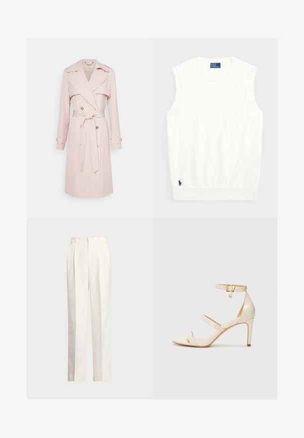 Capa rosa claro feita de tecido suave, apresentando frente de duplo botão, cintura com cinto e botões em tom dourado. Inclui epauletes nos ombros.; Sweater branco sem mangas, feito de algodão liso, com uma bainha canelada e um pequeno logotipo em navy na parte inferior esquerda. Design simples, sem padrões.; Polo Ralph Lauren HEMP WIDE LEG PANT - Calças - nevis; Sandálias de salto alto bege com tira fina no tornozelo e duas tiras superiores. Acabamento em patentes brilhantes e detalhe em dourado na tira do tornozelo.