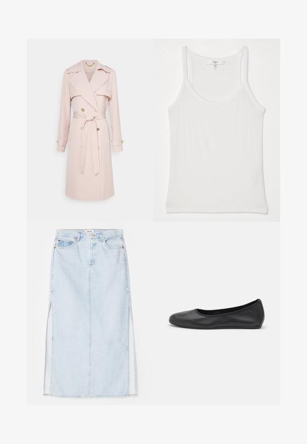 Vaaleanpunainen trench-takki, joka on valmistettu pehmeästä kankaasta ja jossa on kaksirivinen edustus, vyötäröllä vyö ja kultasävytteiset napit. Sisältää olkavarret.; Valkoinen ilman hihoja oleva toppi, joka on valmistettu pehmeästä, urituksesta; siinä on ohuet olkaimet ja pyöreä kaula-aukko, jossa on ; Valkoinen pitkähihainen kauluspaita, joka on valmistettu puuvillasta. Paidassa on napitettava etuosuus ja yksi rintatasku. Pehmeä pinta, rento malli.; Vaaleansininen farkkumaxi-hame, jossa on suora leikkaus, sivuaukot ja viisitaskumallinen muotoilu. Korostetut saumat ja metallinappikiinnitys.; Musta nahkainen ballerina, jossa on pyöristetty kärki, sileä pinta, minimaalinen ommelkoristelu ja joustava pohjamuotoilu.