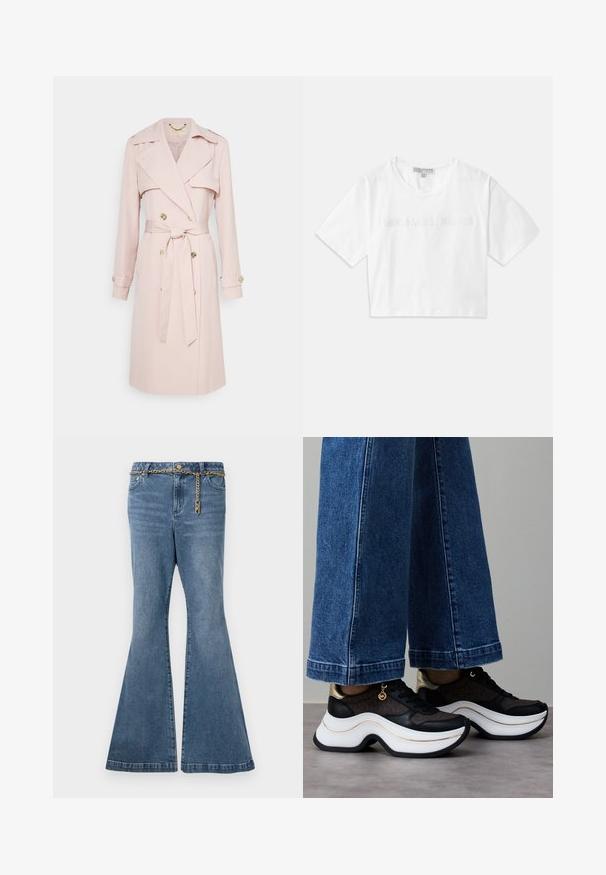 Vaaleanpunainen trench-takki, joka on valmistettu pehmeästä kankaasta ja jossa on kaksirivinen edustus, vyötäröllä vyö ja kultasävytteiset napit. Sisältää olkavarret.; Valkoinen lyhytcropattu T-paita, joka on valmistettu puuvillasta. Sen hihoissa on lyhyet hihat ja edessä on "MICHAEL KORS" -logo samanvärisesti brodeeratuna.; Farkut siniset leveälahkeiset keskipestyt denim, joissa on kultaketju yksityiskohtana vyötäröllä ja normaali viiden taskun muotoilu.; Mustat ja kultaiset tennarit, joissa on kaareva valkoinen pohja. Teksturoitu kangas, jossa on logokoristeita. Yhdistetty leveisiin sinisiin farkkuihin.