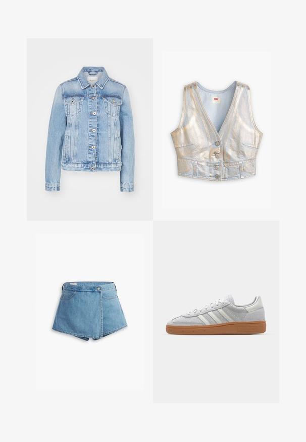 Jasnoniebieska kurtka dżinsowa z klasycznym kołnierzem, z przodu zapinana na guziki, z dwiema kieszeniami na piersi oraz bocznymi kieszeniami z kontrastowym szwem.; Jasnoniebieska, krótką katana z jeansu z dekoltem w serek, metalicznym połyskiem, pięcioma guzikami z przodu oraz dwiema kieszeniami na froncie; ogólna gładka tekstura.; Jasnoniebieskie szorty dżinsowe z fasonem wrap, z przednimi kieszeniami i metalowym zapięciem. Gładka tekstura z obszytymi brzegami.; Jasnoszare zamszowe sneakersy z białymi skórzanymi akcentami, trzema białymi paskami i brązową gumową podeszwą, z wyściełanym kołnierzem dla komfortu.