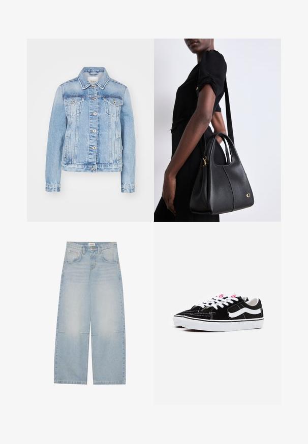 Šviesiai mėlynas džinsinis švarkas su klasikinio tipo apykakle, priekiniais mygtukais, dviem krūtinės kišenėmis ir šoninėmis kišenėmis su kontrastingomis siūlėmis.; Du chambray beždžioninių bodysuit'ų, vienas alyvuogių žalios, kitas juodas. Pagaminti iš glotnaus audinio su apvaliu iškirpimu ir aukštu kirpimu ant kojų.; Šviesiai mėlynos plačios džinsinės kelnės su aukštu liemeniu, penkiomis kišenėmis ir subtiliu blukimu; turi kontrastingą siuvinėjimą ir užsegimą su mygtuku.; Juodos zomšinės sportbačiai su baltais raišteliais, turintys išryškintą baltą šoninės juostą ir juodą guminį padą, demonstruojantys kontrastingus siuvinėjimo detalės.; Juodas odinis rankinukas hobo formos, turintis lygią tekstūrą, apvalią viršūnę ir auksinius detalių akcentus.